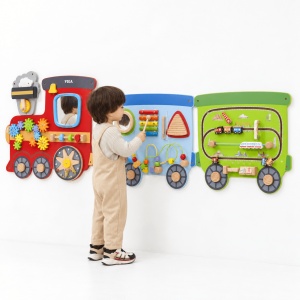 Panou de activitati din lemn Viga Toys – Tren pentru perete, 3 sectiuni, 190 cm