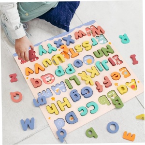 Puzzle alfabet din lemn cu litere mari si mici, 52 piese