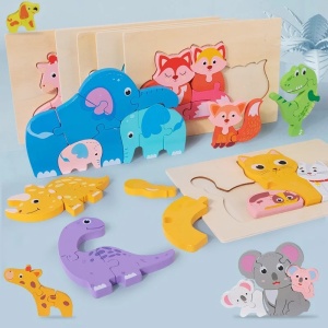 Puzzle din lemn cu piese groase, Familia animalutelor