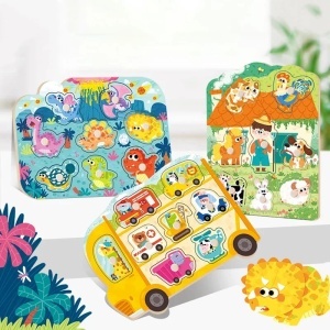 Puzzle incastru din lemn cu buton cu imagine de asociere