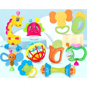 Set 10 jucarii zornaitoare din silicon cu forme si texturi diferite, multicolor
