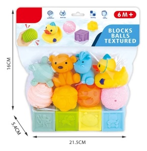 Set 12 jucariie senzoriale si de baie, animalute, cuburi si mingiute