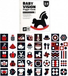 Set 40 imagini stimulare vizuala si senzoriala bebelusi, carduri alb, negru, rosu, 3-6 luni