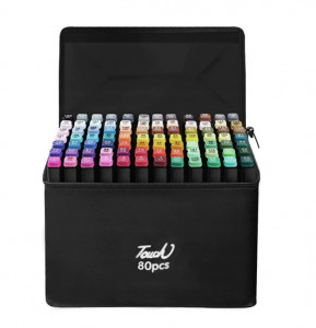 Set 80 markere tip carioci cu 2 capete si geanta depozitare, Multicolor