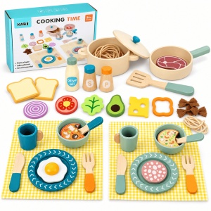 Set de bucatarie pentru copii, cu ustensile, vesela si alimente din lemn – 40 de piese