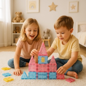 Set de constructie cu piese Magnetice, 60 piese - Roz