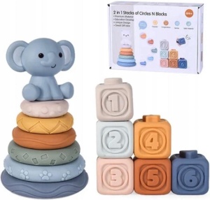 Set de joaca 2 in 1 cuburi moi si inele de stivuire, Elefantel