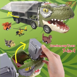 Set de joaca 7 in 1 camion dinozaur cu 6 masinute, lumini si sunete