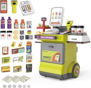 Set supermarkert electronic de jucarie mobil cu roti, sunete si functii, 48 piese, verde