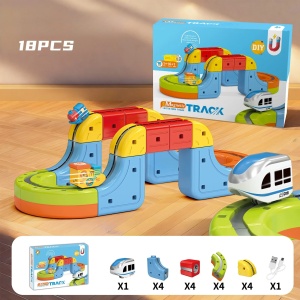 Set tren cu circuit magnetic 3D, traseu modular de construit - 18 piese