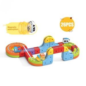 Set tren cu circuit magnetic 3D, traseu modular de construit - 26 piese