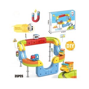 Set tren cu circuit magnetic 3D, traseu modular de construit - 35 piese