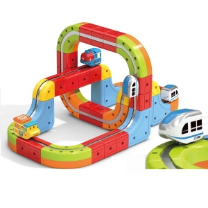 Set tren cu circuit magnetic 3D, traseu modular de construit - 38 piese