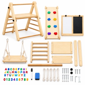 Set triunghi Pikler din lemn 8 in 1, loc de joaca cu tobogan, leagan si activitati creative, 2–8 ani - Img 4