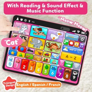 Tableta interactiva 3 in 1 pentru copii, jucarie logopedica si muzicala, roz