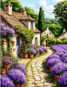 Tablou pictura cu diamante, Gradina cu lavanda, Goblen 5D, rama din lemn, 40 x 50 cm, GM10030
