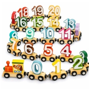 Trenulet magnetic din lemn cu numere detasabile, 43 piese