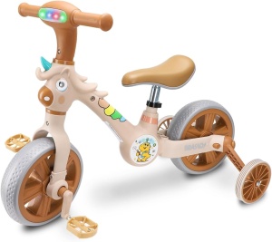 Tricicleta 3 in 1 pentru copii, transformabila, pedale detasabile, reglabila, roti ajutatoare - Unicorn maroniu