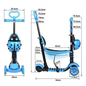 Trotineta 5 in 1 buburuza cu 3 roti din silicon si scaunel, Albastru