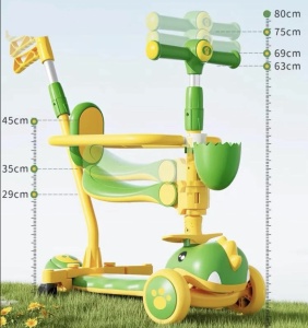 Trotineta 6 in 1 cu sunete, roti luminoase, maner, bare protectie, 2-12 ani, Dino, verde - Img 4