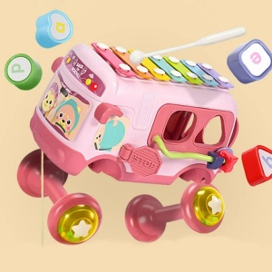 Autobuz interactiv cu xilofon, functii de sortare si jucarii detasabile, Roz