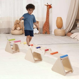 Balansoar din lemn multifunctional 2 in 1, cu barna de echilibru si elemente colorate, 3–6 ani - Img 4