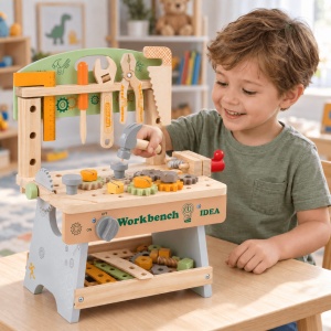 Banc de lucru din lemn WorkBench Idea, cu unelte, menghina si piese de constructie - Img 4