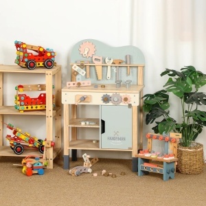 Banc de scule din lemn cu accesorii incluse si dulapior depozitare
