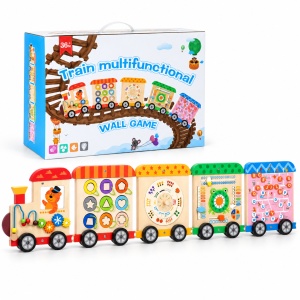Busy Board Montessori din lemn pentru perete – Trenuletul cu 5 module de activitati, 147 cm