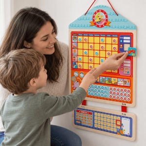 Calendar magnetic cu recompense pentru copii si panou pentru rutina zilnica, cu ceas si activitati - Img 3