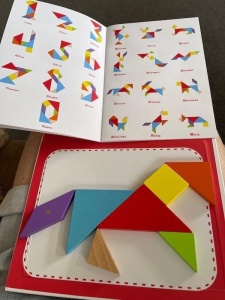 Carte magnetica puzzle Tangram 7 piese mari, 96 modele, Alb