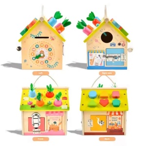 Casuta educativa din lemn 8 in 1 cu activitati Montessori - Morcovi