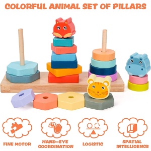 Joc de sortat si stivuit pe 3 coloane, Animalute colorate, pastel, 21 forme