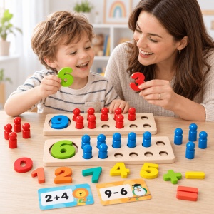 Joc educativ de matematica din lemn, cu pioni de numarare, cifre si carduri pentru adunari si scaderi - Img 3