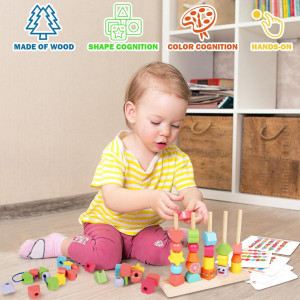 Joc educativ de stivuire cu 5 coloane din lemn, Bead String