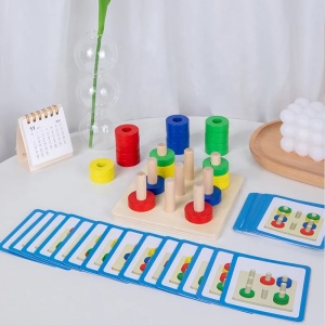 Joc educativ multifunctional 3 in 1 cu forme, inele, betisoare si cartonase