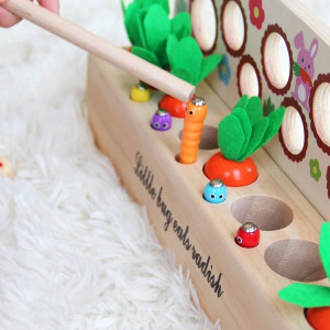 Joc Montessori din lemn, sortare pe dimensiuni si pescuit magnetic, Morcovi