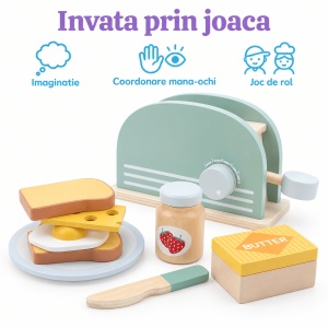 Jucarie prajitor de paine din lemn cu accesorii pentru micul dejun, Toaster Bread, 9 piese - Img 5