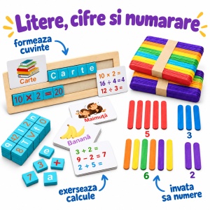 Pachet educativ din lemn cu litere, cuvinte, calcule, numarare si sortare, joc alfanumeric si 50 betisoare colorate - Img 7