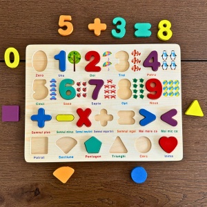 Puzzle in limba romana din lemn, Cifre si forme 