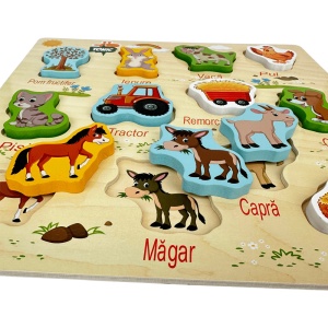 Puzzle incastru din lemn cu piese groase, Limba Romana, Ferma