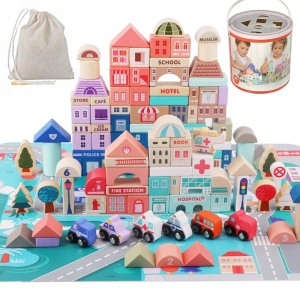 Set 135 cuburi de constructie din lemn cu plansa, Orasel