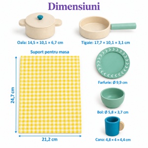 Set de bucatarie pentru copii, cu ustensile, vesela si alimente din lemn – 40 de piese - Img 8