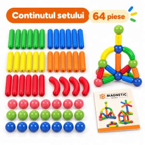 Set de constructii magnetice 3D, Magnetic Sticks, bile si tije colorate – 64 piese - Img 7