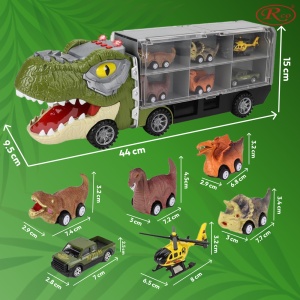 Set de joaca 7 in 1 camion dinozaur cu 6 masinute, lumini si sunete