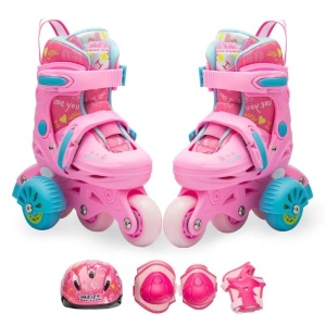 Set role reglabile cu roti ajutatoare, echipament protectie si lumini, marime ajustabila, Roz, masura 33-36