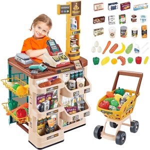Supermarket de jucarie cu carucior, casa de marcat si POS, 48 piese