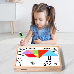 Tabla educativa montessori cu 2 fete, betisoare, cifre si tangram