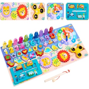Tabla logaritmica 8 in 1 din lemn cu activitati, puzzle, pescuit magnetic si ceas