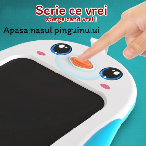 Tableta LCD cu buton stergere, Pinguinul Vesel, Albastru